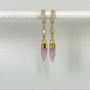 Gold huggie hoop earrings new womens drop dangle earrings with pink chalcedony
